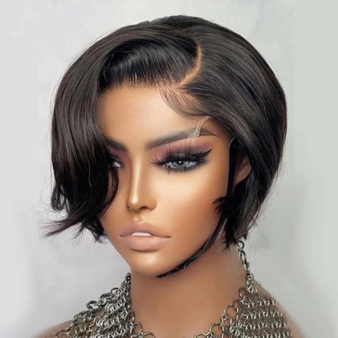 US $28.68 46％ Off | Short Bob Pixie Cut Wig Lace Frontal Straight Transparent Lace Front Human Hair Wigs For Black Women Preplucked Brazilian Hair Bob Pendek, 2 Hairstyles, Kort Bob, Bob Pixie Cut, Bob Pixie, Corte Bob, Short Human Hair Wigs, Wig Straight, Remy Human Hair Wigs