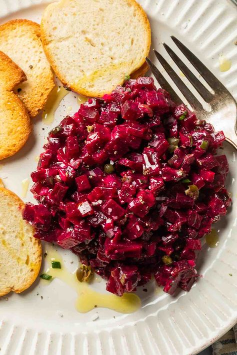 Looking for a meat free alternative to traditional tartare? Try this beetroot tartare. Made with delicate, earthy beets balanced with flavorful Dijon, capers and onion this beet tartare recipe creates a beautiful vegetarian dish. Serve it as a main dish or as an appetizer with your favorite crackers. Beetroot Tartare Recipe, Beet Tartare Recipe, Beautiful Vegetarian Dishes, Beet Appetizer Recipes, Beetroot Dishes, Beets Appetizer, Beet Appetizer, Beetroot Tartare, Beet Tartare