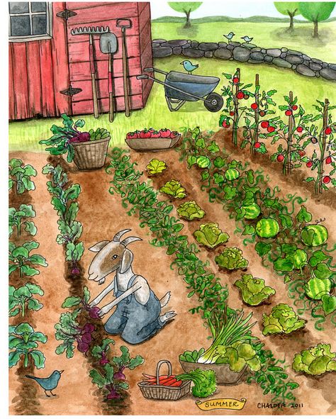 Vegetable Drawing, Summer Wall Art, Garden Illustration, Garden Drawing, Farm Art, Veg Garden, Garden Painting, Dessin Adorable, Veggie Garden