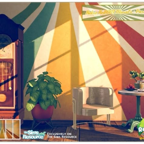 The Sims 4 - Retro ReBOOT Murals Part 1 -  6 swatches @TheSimsResource  @TSR Download at @TSR #CC #sims4cc #ccfinds #ts4cc #ts4 #tsr #TheSimsResource #sims4 #thesims4 #Moniamay72 #thesims4 #TSR #retro #floor #TheSims4 #vintage #ShowUsYourBuilds #Moniamay72 #Sims4 50s Wallpaper, Living Room Sims 4, Retro Room, Casas The Sims 4, 4 Wallpaper, Sims 4 Mm, Sims 4 Characters, Sims House Design, Sims 4 Downloads