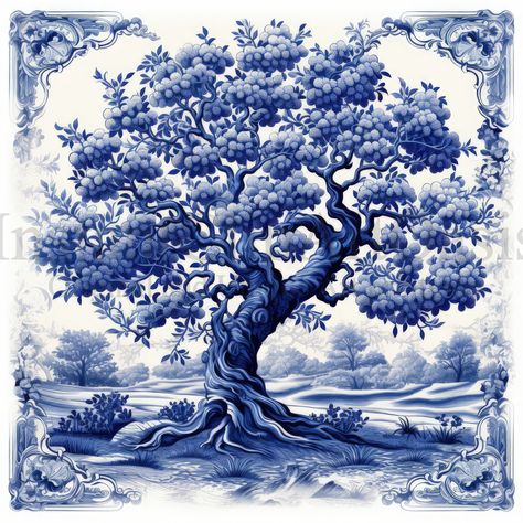 Chinese Porcelain Pattern, Diy Embroidery Art, Trees Clipart, Dutch Tiles, Blue Delft, Dutch House, Tree Clipart, Delft Blue, Blue Pottery