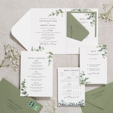 Botanical Wedding Invitations Eucalyptus Wedding Invite Sage - Etsy Australia Enchanted Forest Wedding Invitations, Greenery Wedding Theme, Forest Wedding Invitations, Pocketfold Invitations, Eucalyptus Wedding Invitation, Enchanted Forest Wedding, Sage Wedding, Botanical Wedding Invitations, Green Wedding Invitations