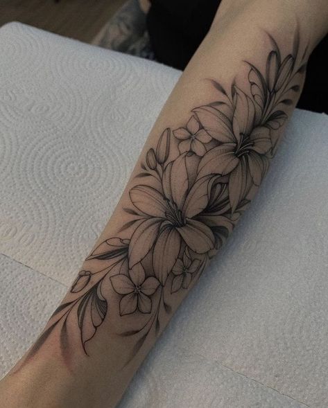 Lily Flower Tattoos Forearm, Water Lily Tattoo Sleeve, Brent Tattoo, Lily Tattoos For Women, Lily Tattoo Sleeve, Lilly Tattoo Design, Lilly Flower Tattoo, Tiger Lily Tattoos, Water Lily Tattoos