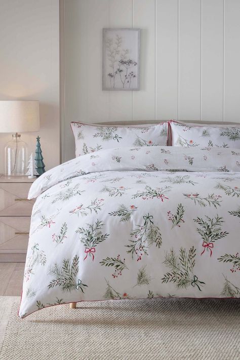 White Ground Brushed 100% Cotton Winter Sprig and Robin Duvet Cover and Pillowcase Set - Image 1 of 9 Cute Christmas Bedding, Christmas Bed Sheets, Brushed Cotton Bedding, Pregnant With Boy, Christmas Duvet Cover, Christmas Bedding Set, Christmas Duvet, Christmas Motifs, 100 Cotton Duvet Covers