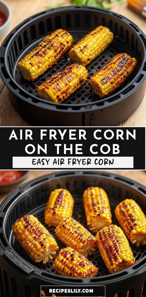 I love making this easy Air Fryer Corn on the Cob! It comes out perfectly charred and sweet every time. Just toss your corn in the air fryer, set the timer, and enjoy a delicious side dish in no time. Perfect for summer BBQs or any meal! Corn Bites Air Fryer, Air Fryer Corn, Corn On The Cob Recipe, Seasoned Corn, Crispy Corn, How To Cook Corn, Fried Corn, Corn On The Cob, Corn Recipes