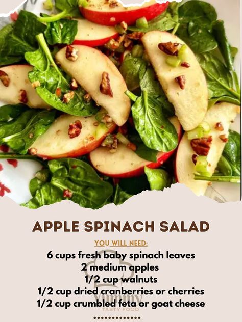 Apple Spinach Salad is a fresh, nutritious dish that combines the sweetness of apples with the earthy flavor of spinach, all tossed in a tangy dressing. This salad is perfect for a healthy lunch or as a side dish for dinner. Here’s how to make it: Apple Spinach Salad Recipe 🍎🍃 Enjoy the delightful blend of crisp apples and tender spinach in this refreshing and easy-to-make salad. Ingredients: For the Salad: 6 cups fresh baby spinach leaves, washed and dried 2 medium apples (such as Fuji ... Spinach And Apple Salad, Cheese Dress, Apple Spinach Salad, Side Dish For Dinner, Sliced Apples, Spinach Salad Recipes, Cook Meals, Large Salad, Honey Dijon