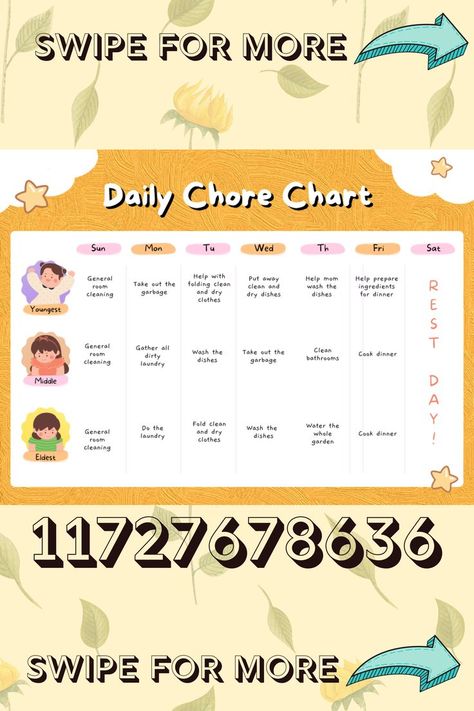 hopefully I did this right! this was a request (: in our country it is not common for chore charts (we still of course do chores daily), so im very unfamiliar with it. I based it all on google:D ALWAYS FEEL FREE TO REQUEST<3 Enjoy this decal for your family rps in bloxburg! #roblox #decals #bloxburgdecals #bloxburg #bloxburgchores #bloxburgfamilyrp #bloxburgfamily Club Roblox Image Id Codes Chores, Club Roblox Image Id Codes Quotes, Bloxburg Homework Decals, Bloxburg Cheer Tryouts Decals, Bloxburg Neiborhood Codes, Bloxburg Picture I’d Codes, Roblox I’d Codes Pictures, Number Decals For Front Door Bloxburg, Bloxburg House Chores Decal Codes