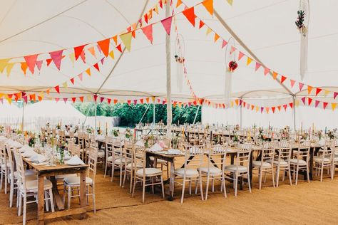 Colourful Bunting Wedding Decor for a Festival Themed Marquee Wedding with Fox Wedding Gown by Rue de Seine, shot by Peppermint Love Photography Marquee Wedding Decoration, Pallet Wedding Signs, Festival Flags, Bunting Wedding, Handmade Flags, Festival Style Wedding, Festival Themed Wedding, Fox Wedding, Church Wedding Ceremony