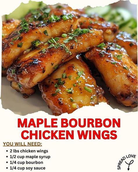 🍗🍁🥃 Maple Bourbon Chicken Wings Recipe! 🥃🍁🍗 Get ready to tantalize your taste buds with these Sweet and Smoky Maple Bourbon Chicken Wings! Perfect for game day, parties, or a delicious weeknight treat, these wings are sure to be a hit! 🛒 Ingredients: 2 lbs chicken wings 1/2 cup maple syrup 1/4 cup bourbon 1/4 cup soy sauce 2 tbsp Dijon mustard 2 cloves garlic, minced ⏰ Instructions: Prepare the Sauce: In a bowl, whisk together: Maple syrup Bourbon Soy sauce Dijon mustard Minced garlic Mix unt... Maple Bourbon Chicken, Bourbon Chicken Wings Recipe, Bourbon Chicken Wings, Maple Wings, Maple Glazed Chicken, Glazed Chicken Wings, Maple Syrup Recipes, Bbq Chicken Wings, Maple Bourbon