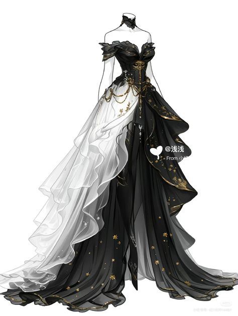 Black And Gold Aesthetic Outfit, Ball Dresses Drawings, Black And White Fantasy Dress, Anime Dress Design Outfit Ideas, Black Dress With Shawl, Dresses Drawing Design, Art Outfits Drawing, Dress Concept Art, Gold And Black Gown