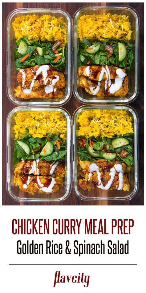 This delicious and nutritious meal prep features juicy curry spiced chicken breasts covered with yogurt and pomegranate sauce served with golden turmeric rice and a spinach, cucumber and date salad.  #mealprep #chickenrecipes #lunchrecipes #mealplanning  #turmericrice #goldenrice #mealprepfortheweek #howtomealprep Indian Meal Prep Ideas, Indian Food Meal Prep, Indian Meal Prep, Curry Meal Prep, Date Salad, Flav City, Affordable Meal Prep, Turmeric Rice, Pomegranate Sauce