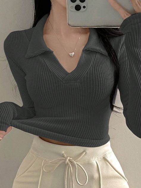 Women's Casual Solid Color Turndown Collar Long Sleeve T-Shirt Dark Grey Casual  Long Sleeve Polyester Plain  Medium Stretch  Women Clothing, size features are:Bust: ,Length: ,Sleeve Length: Turndown Collar, Womens Tees, Women Clothing, Casual Women, Long Sleeve Tshirt, Womens Tops, T-shirt, Sleeve Length, T Shirts For Women