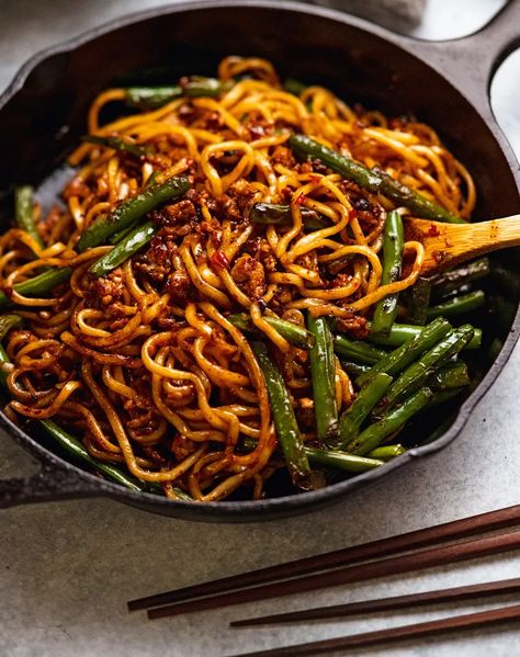 Spicy Sichuan Pork Noodles Recipe - PureWow Sichuan Pork, Green Bean Dishes, Kecap Manis, Pork Noodles, Easy To Make Dinners, Recipetin Eats, Spring Dinner, Recipe Tin, Dinners To Make