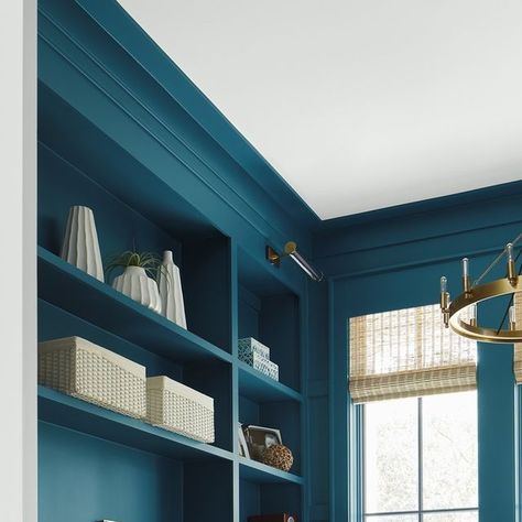 Benjamin Moore on Instagram: "Even a home office deserves a "back to school" makeover, don't you think? Get the look with Slate Teal 2058-20, a deep blue-green that elevates the space and adds plenty of luxury—even when you're just sending an email. Head to our shop to get your color samples. . (WALLS) Slate Teal 2058-20, Regal® Select, Matte (BUILT-IN CABINETS) Slate Teal 2058-20, Regal® Select, Matte (FRONT WALLS) White Diamond 2121-60, Regal® Select, Matte (CEILING) White Diamond 2121-60, Wa Teal Wall Colors, Teal Cabinets, Mini Office, Small Home Offices, Teal Walls, Teal Blue Color, Built In Cabinets, Cabinet Colors, Benjamin Moore