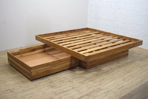 Diy Platform Bed, Wooden Bed Frame, Floating Bed, Cama King, Platform Bed With Storage, Hardwood Furniture, Cama Queen, Layout Architecture, Solid Wood Bed