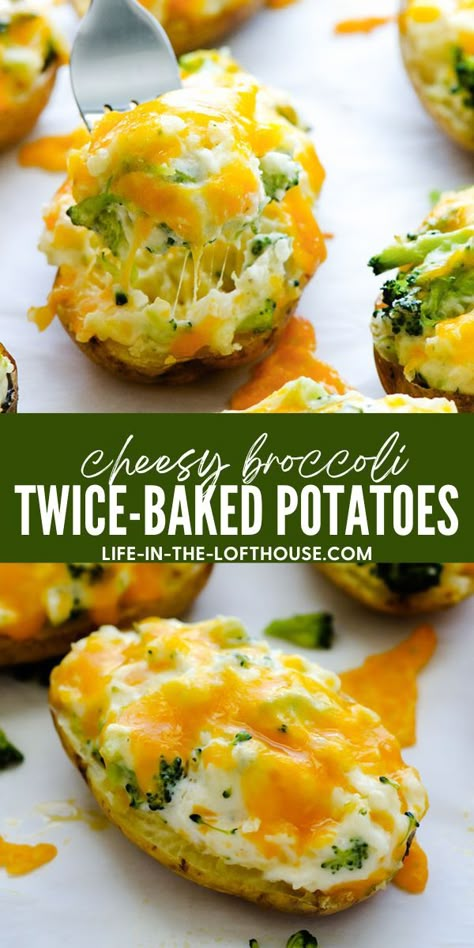 Delicious twice-baked potatoes loaded with broccoli, cheese and more! Broccoli And Cheese Twice Baked Potatoes, Broccoli Cheese Stuffed Potatoes, Baked Potatoes Broccoli Cheese, Twice Baked Broccoli Cheese Potatoes, Twice Baked Potatoes With Broccoli, Baked Potato And Broccoli, Broccoli Stuffed Potatoes, Baked Potatoes With Broccoli And Cheese, Baked Potato With Broccoli And Cheese