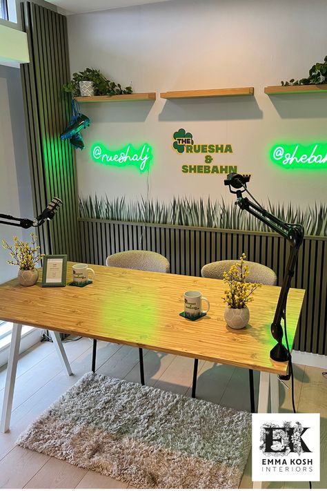 This stunning Studio was designed by Emma Kosh Interiors to host a female football themed Podcast. 
The wallpaper was a hand drawn design specifically for this project. Neon lights were used to signpost insta handles. 
All items needed to be 'removable' so vinyl wallpaper was used plus the panels were Velcroed to the wall. Podcast Interior Design, Podcast Set Design At Home, Pod Cast Set Design, Content Space Ideas, Studio Youtube Room, Condo Studio Type Interior Design, Small Podcast Studio, Content Studio Ideas, Podcast Wallpapers