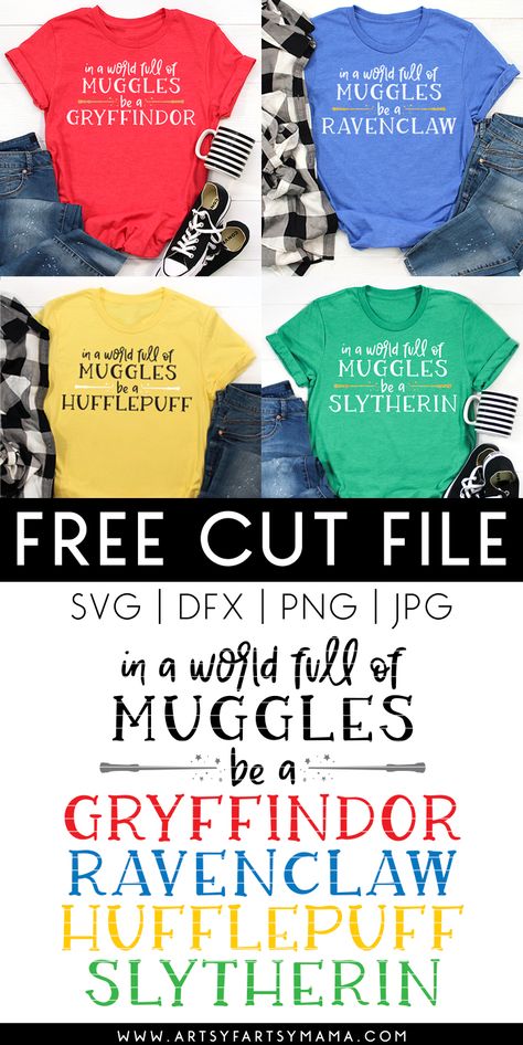 Harry Potter Hogwarts House Shirts + Free Cut Files | artsy-fartsy mama Harry Potter Vinyl Shirt, Harry Potter World Shirt Ideas, Harry Potter Disney Shirts, Harry Potter Vacation Shirts, Hogwarts Shirts For Universal, Universal Harry Potter Shirts, Universal Studios Svg Files Free, Harry Potter Cricut Shirts, Harry Potter Shirts Vinyl