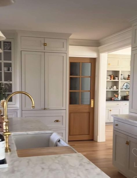 Pantry Door In Cabinets, 8 Ft Ceilings Ideas Kitchen, Wallpaper Ceiling Butlers Pantry, 8 Ft Doors With 9 Ft Ceilings, Recessed Ceiling Kitchen, White Oak Pantry Door, Long Wall Of Cabinets, Wow Kitchens, 10ft Ceiling Kitchen