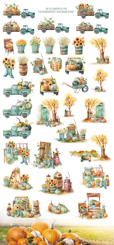 Farmhouse Clipart, Farm Clipart, Farmhouse Thanksgiving, Autumn Farmhouse, Garden Clipart, Autumn Clipart, Watercolor Clip Art, Pumpkin Farm, Thanksgiving Pumpkin