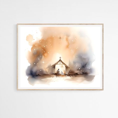 Christmas Christian Art, Nativity Scene Watercolor, Watercolor Manger Scene, Watercolor Nativity Scene, Simple Nativity Painting, Baby Jesus Watercolor, Christian Watercolor Paintings, Nativity Scene Painting, Bible Watercolor