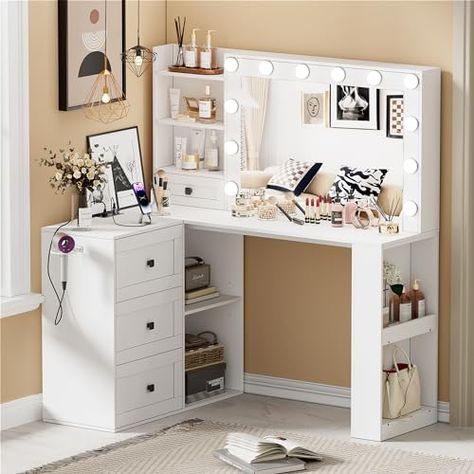 Desk/vanity Combo, Corner Makeup Table, White Makeup Vanity, Vanity Desk With Mirror, Desk With Mirror, Bedroom Makeup Vanity, Color Lighting, Mirrored Vanity Desk, Vanity Table Set