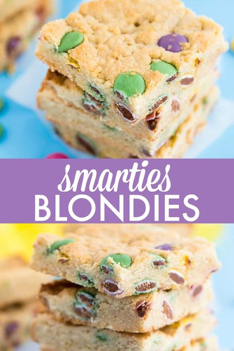 Smarties Blondies - Chewy and sweet bars dotted with delicious candy coated chocolate Smarties. You may want to double the batch because these are gone in a flash! Smartie Desserts, Smarties Recipes, Blondies Recipes, Squares Recipes, Baked Snacks, Sweet Bars, Simply Stacie, Cheesecake Brownie, Sweet Bar