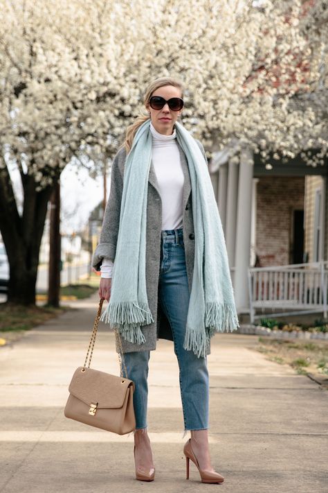 Oversized gray boyfriend coat with mint scarf and Levi's straight leg jeans | Meagan's Moda Straight Leg Jeans Long Cardigan, Mint Scarf Outfit, Light Grey Long Cardigan Outfit, Mint Cardigan Outfit, Oversized Long Blue Outerwear, Mint Scarf, Boyfriend Coat, Levis Straight Leg Jeans, Winter Items