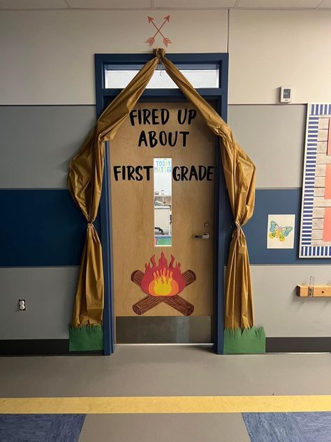 Campfire Theme Party Decorations, Camping Display Ideas, Classroom Door Camping Theme, Camping Theme School Hallway, Wilderness Theme Classroom, Camping Bible School Theme, Camping Hallway Theme, Camping Window Display, Cabin Classroom Theme