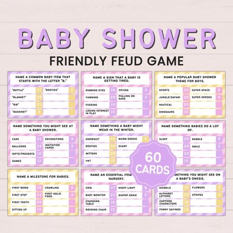 IndigoPineTemplates - Etsy Family Feud Baby Shower Questions, Family Feud Baby Shower Game, Co Ed Baby Shower Games, Co-ed Baby Shower Games, Baby Shower Trivia, Baby Party Games, Practical Baby Gifts, Baby 2024, Modern Baby Shower Games