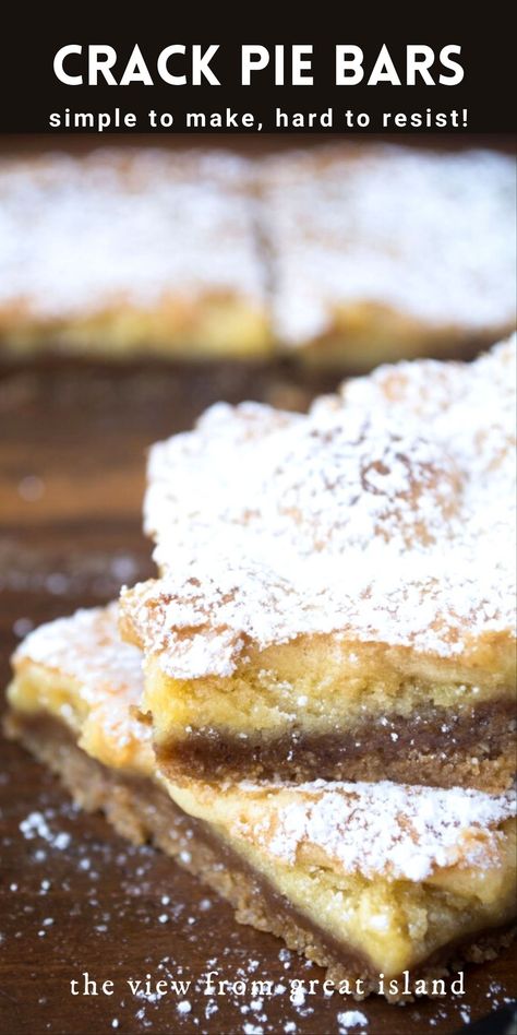 These innocent little Crack Pie Bars are based on the famous Milk Bar Crack Pie ~ but mine are so much quicker and easier to make. And don't worry, they're equally as addictive! Vegetarian Cookies, Dessert Bar Recipe, Pie Bars, Milk Bar, Pie Bar, Cookie Bar Recipes, Pie Dessert, Sweet Taste, Sweet Desserts