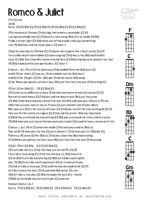 Ukulele chords - Romeo and Juliet by Dire Straits Dire Straits Lyrics, Easy Ukulele Songs, Uke Tabs, Ukulele Chords Songs, Making Movies, Ukulele Tabs, Dire Straits, Mark Knopfler, Shakespeare Quotes