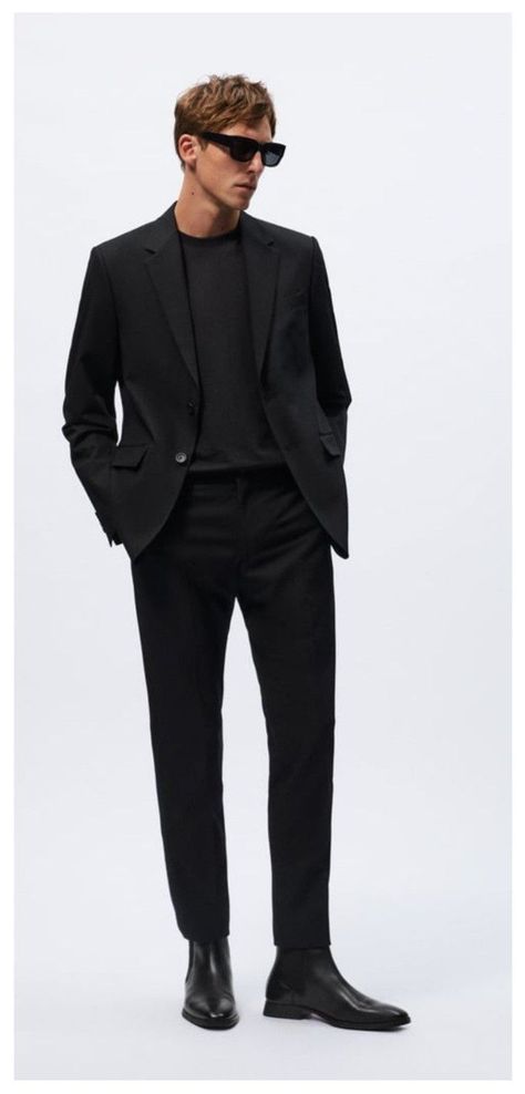 Office Party Outfit Men, Black Blazer Outfit Men, Black Cocktail Outfit, All Black Formal Outfits, Black Wedding Guest Outfits, Austin Fashion, All Black Suit, Formal Attire For Men, Black Blazer Outfit