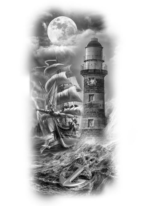 Ships Tattoos For Men, Nautical Tattoo Sleeve Drawings, Lighthouse Boat Tattoo, Lighthouse And Boat Tattoo, Lighthouse Tattoo Design Realistic, Lighthouse Ship Tattoo, Lighthouse And Ship Tattoo, Ship Lighthouse Tattoo, Ship Tattoos For Men