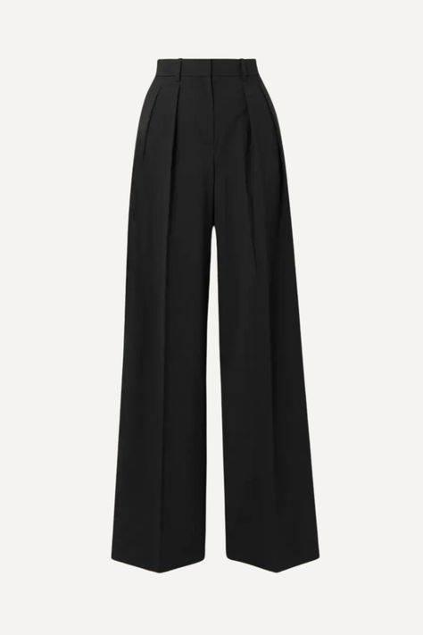 #ad Theory Smart High Waist Black Double-Pleat Pants - Trousers - Corporate Wear - Office Outfit Straight Leg Formal Pants, Black Pants Women Classy, Black Wide Pants Outfit Classy Work, High Waisted Pleated Trousers, Formal Black Pants Women, Corporate Pants Women, Cooperate Trousers For Women, Black Pants Party Outfit, Wide Leg Pants Black Outfit