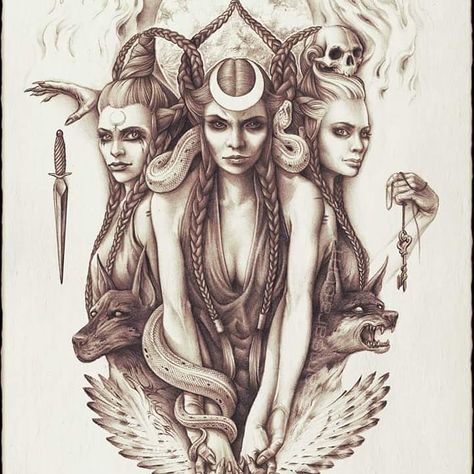 50 Likes, 0 Comments - Country Moon Tarot (@countrymoontarot) on Instagram: “Hail Hekate! I love this picture of her 😍 . #witchesofinstagram #paganwitchcraft #witchesofig…” Hecate Goddess Drawing, Witches Sabbath, Witchcraft Tattoos, Pagan Tattoo, Hecate Goddess, Wiccan Tattoos, Witch Tattoo, Goddess Tattoo, Mythology Tattoos