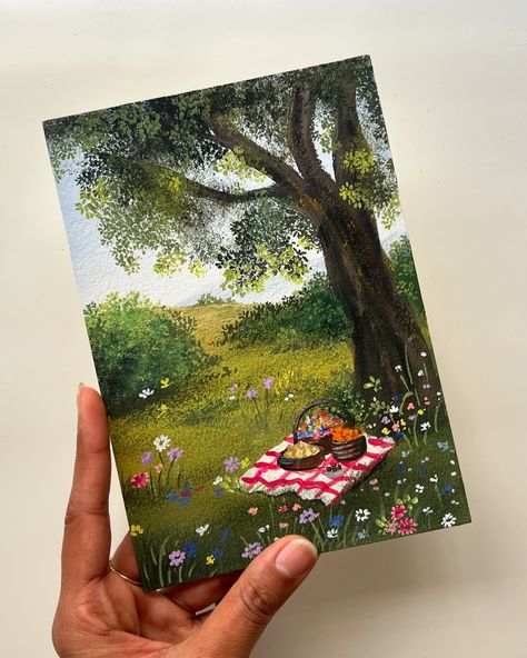 Picnic date anyone?💕 Gouache paints from @miyahimi.in @thoovi.arts Watercolour paper from @baohong_india Reference @pinterestindia . . . . . #gouacheart #gouachepainting #picnicdate #cottagecore #cottagecoreaesthetic #natureinspired #gouachepaint #naturepainting #landscapeart #aestheticart #more_than_mandalas Gouache Paints, Easy Canvas Art, Gouache Art, Picnic Date, Art Painting Gallery, Painting Inspo, Watercolour Paper, Diy Canvas Art Painting, Art Inspiration Painting