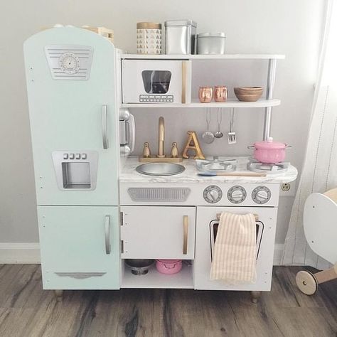 This just might be the cutest play kitchen ever. #playkitchen #kids #diy #decor #design #pinterest #idea Kidkraft Kitchen Makeover, Vintage White Kitchen, Kidkraft Vintage Kitchen, Kidkraft Kitchen, Upcycle Toys, Marble Contact Paper, Colorful Playroom, Kitchen Design Diy, Kitchen Remodel Design