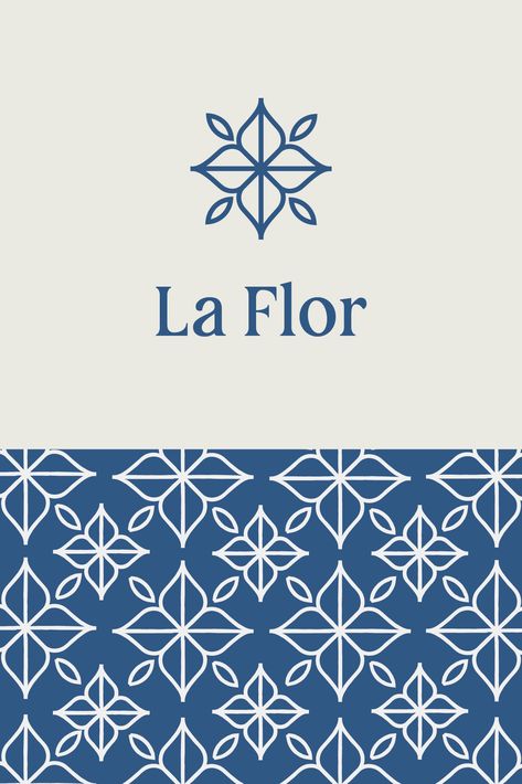 For La Flor we pulled insipirationg from spanicsh tiles. We created a geometric style flower and paired it with a classic serif font. We of couse had to use the geo metric logo to creat a tile inspired pattern. Geometric Flower Design, Tile Branding, Mosaic Branding, Flowers Branding, Geometric Branding, Logo Pattern Design, Pattern Logo Design, Logo Flor, Flower Logos