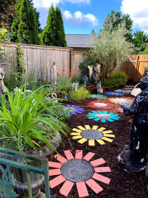 mulch backyard instead of grass Mulch Under Trampoline Ideas, Mulch Garden Bed, Mulch Backyard For Dogs, Mulch Playground Backyard, Best Mulch For Flower Beds, Zen Yard, Playground Mulch, Backyard Raised Garden, No Grass Backyard