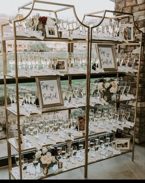 Cocktail Display Wedding, Take A Sip And Find Your Seat, Champagne Shelf Display, Drink Shelf Wedding, Champagne Toast Display, Champagne Shelf Display Wedding, Champagne Shelves Wedding, Wedding Champagne Shelf, Great Gatsby Outdoor Wedding