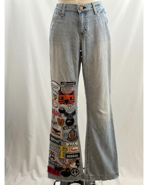 So I had some patches……. •Vintage 90s patched upcycled Gap distressed mid rise flared light wash jeans•had fun doing this and most likely will do more! What do you think? • newly listed #90s #upcycled #patcheddenim #gap #etsyvintage #7581vintage Vintage Reworked Clothing, Pants With Patches, Jeans With Patches, Patched Denim Jeans, Reworked Clothing, Patch Pants, Patch Jeans, Mid Rise Flare Jeans, Modesty Outfits