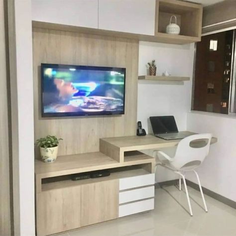 Computer Table Designs ✨️ | Study table designs ✨️ #computertable #computertables #computertabledesign #studytabledecor #studytabledesign #sethiglassplywood #studytableideas #interior #explorepage #explorepost #trendingdesign #makeuphack #diwalidecorations #celebrityoutfit #cookinghacks #healthyhairjourney Tv With Desk Bedroom, Desk And Tv Unit, Office Tv Room Combo, Home Office Tv Room Combo, Wallpaper Bedroom Feature Wall, Reka Bentuk Bilik Tidur, Garage To Living Space, Study Table Designs, Home Bar Rooms