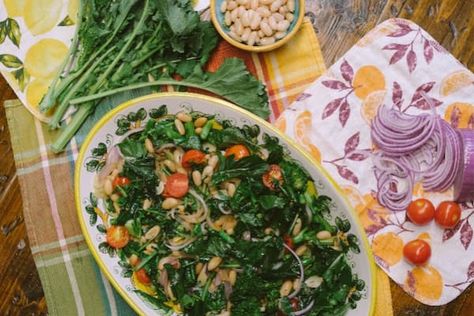 Beans and Greens Christina Pirello, Kitchen Rich, Greens And Beans, Christina Cooks, Beans And Greens, Midwest Style, High Protein Recipe, Salad Meals, Board Recipes