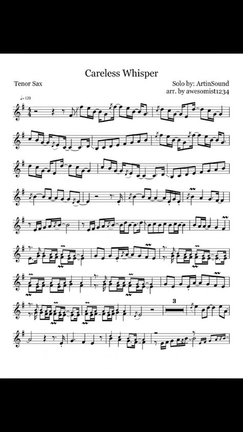 Tenor Sax Video, Careless Whisper Tenor Sax Sheet Music, Tenor Saxophone Music, Songs To Play On Alto Saxophone, Careless Whisper Alto Sax Sheet Music, Saxophone Songs, Tenor Sax Sheet Music, Saxophone Notes, Alto Saxophone Music