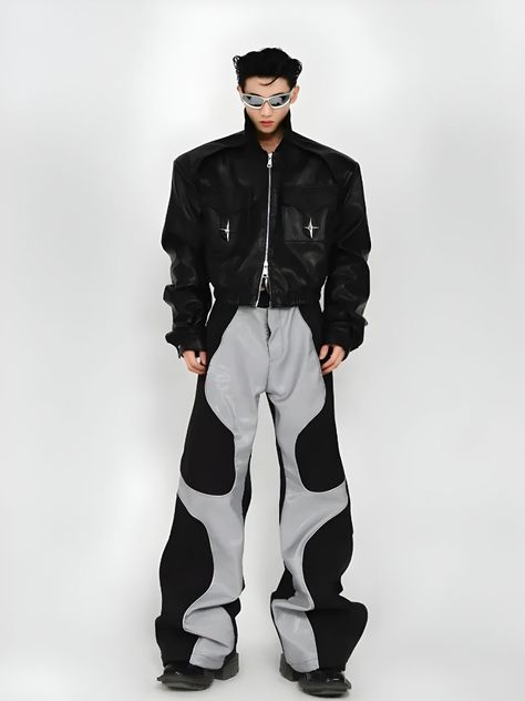 Cyberpunk Patchwork Wide Leg Pants Mugler Men 90s, 90s Cyberpunk Fashion, Asian Cyberpunk Fashion, Y2k Cyberpunk Outfit, Techno Wear Men, Bold Outfits Men, Men Cyberpunk Fashion, Unique Men’s Fashion, Retro Futurism Fashion Men