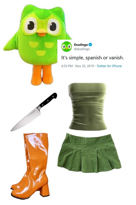 Meme Ideas Costume, Duolingo Owl Costume, Apple Jack Halloween Costume, Duolingo Costume Halloween, Duolingo Party Ideas, Funny Cute Costumes, Brunette And Blonde Costumes, Duolingo Halloween Costume, 2025 Halloween Costume Ideas