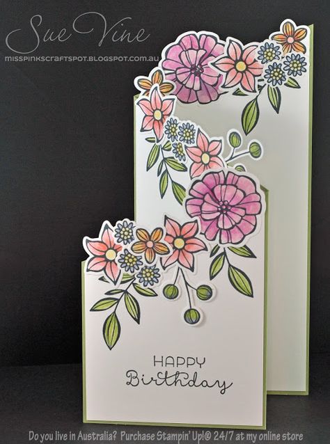 Su Falling Flowers Cards, Stampin Up Falling Flowers, Cards With Flowers, Cascading Card, Falling Flowers, Step Card, Tri Fold Cards, Pink Crafts, Card Folds