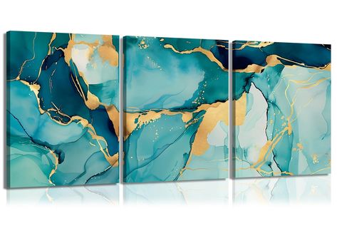 PRICES MAY VARY. Large Modern Abstract Green Gold Wall Art: Elevate your home decor with this exquisite WARTHZ Large Abstract Turquoise Marble Wall Art Set. Featuring a harmonious blend of teal and gold, these minimalist canvas prints bring a touch of elegance and sophistication to any bedroom or living room. Abstract Turquoise Marble Wall Art SIZE: The set of 3 large abstract teal gold prints is 12x16 inch (30x40cm).Ready to Hang Premium Quality Materials: Each piece is crafted from high-qualit Marble Wall Decor, Fluid Art, Wall Art Set, Art Abstrait, Wall Art Living Room, Glass Wall Art, Metal Wall Decor, Ink Art, Framed Canvas Art