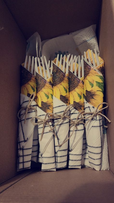 Sunflower napkins wrapped cutlery with help cord bows Burlap And Sunflower Table Decorations, Sunflower Table Cover, Western Sunflower Party Decor, Sunflower Fabric Table Runner, Sunflower Napkins, Wedding Cutlery, Sunflower Wedding, Rustic Wedding, Napkins